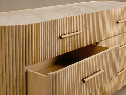 Astor Six-Drawer Dresser: Light oak, reeded, six-drawer dresser with marble top, rounded sides & wood pulls.