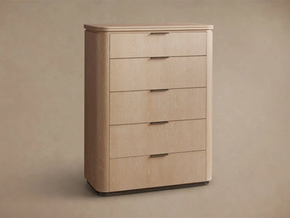 Front view of the Sand Caden Wood Five-Drawer Dresser, featuring oak veneer, rounded corners, and five drawers with pewter pulls.