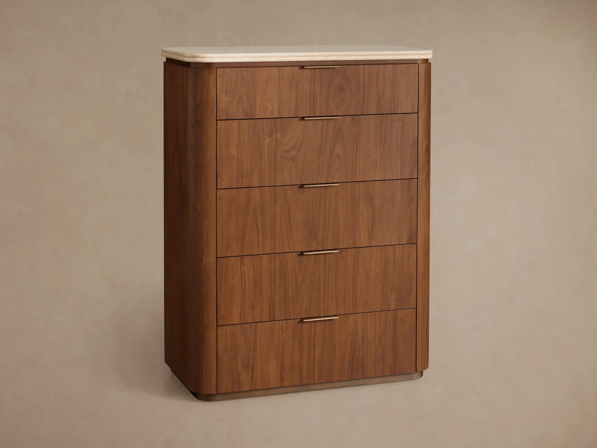 Close-up of Caden Dresser, dark walnut veneer with light curved stone top. One drawer closed, one open, both with bronze edge-pulls.