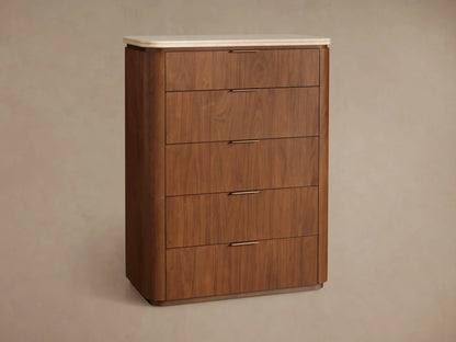 Close-up of Caden Dresser, dark walnut veneer with light curved stone top. One drawer closed, one open, both with bronze edge-pulls.