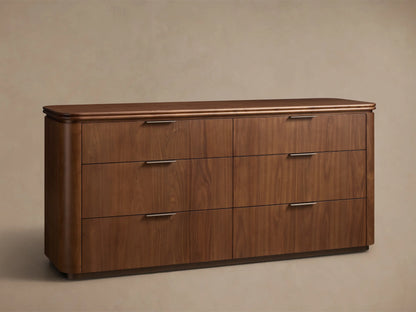Front view of the Caden Wood Six-Drawer Dresser with a walnut wood finish, rounded top, and dark edge-pull hardware.