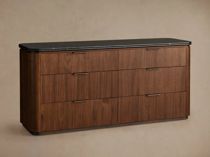 Caden Six-Drawer Dresser, dark walnut wood veneer with black marble top. Top drawer open, showing bronze edge-pull hardware.