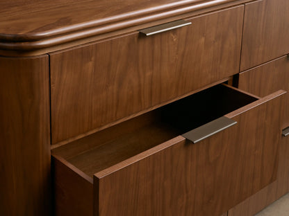Front view of the walnut Caden Wood Nine-Drawer Dresser, featuring three rows of three drawers with slim bronze pull hardware.
