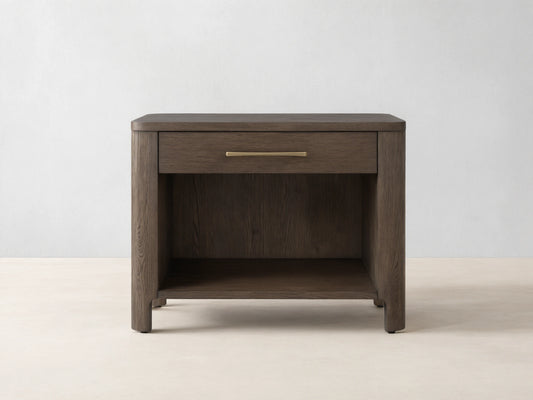Calista Open Nightstand in veneered oak with a single drawer and open shelf, featuring a satin sheen and brass handle.