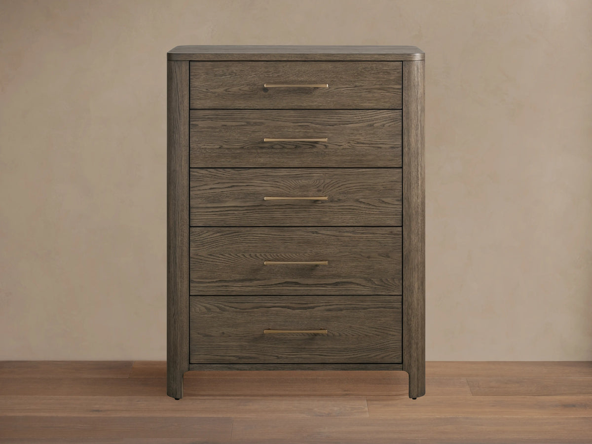 Calista Five-Drawer Dresser in dark veneered oak with gold hardware, soft-close glides, and a subtle satin sheen.
