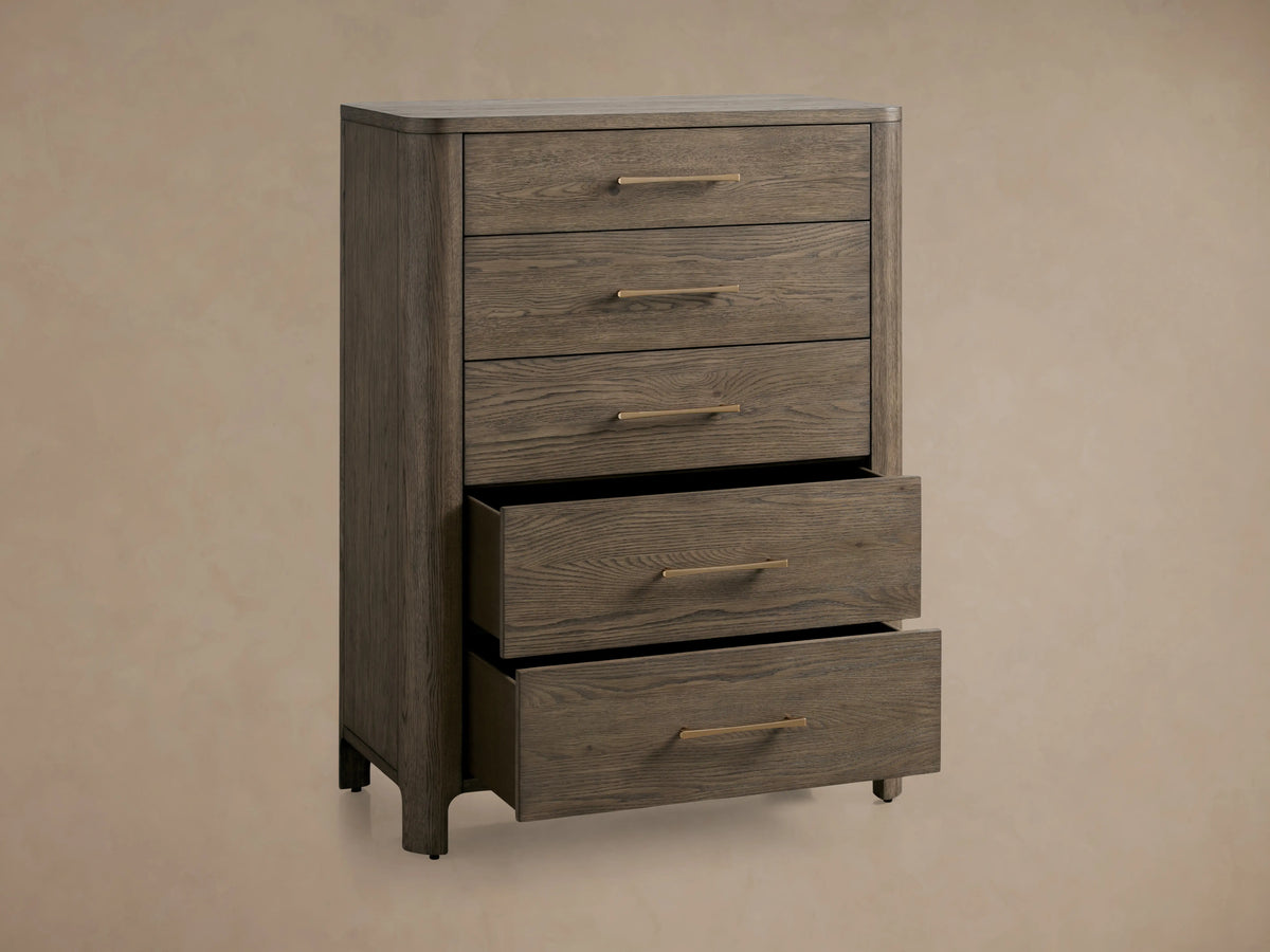 Calista Five-Drawer Dresser in dark veneered oak with gold hardware, soft-close glides, and a subtle satin sheen.