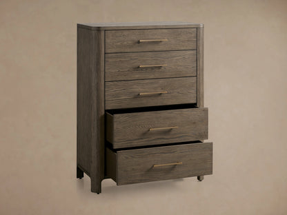 Calista Five-Drawer Dresser in dark veneered oak with gold hardware, soft-close glides, and a subtle satin sheen.