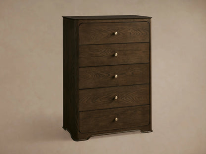 Dark brown oak Conley Five-Drawer Dresser with rounded edges, featuring five drawers each with a champagne brass pull.