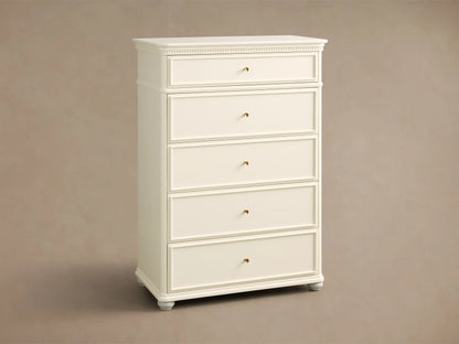 Front view of the Crv®me Carlisle Five-Drawer Dresser, showing five drawers with antique brass pulls and subtle decorative trim on the top drawer.