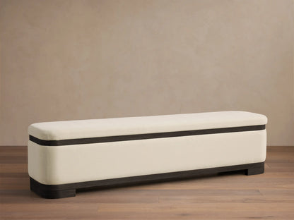 Front view of the Cream upholstered Darien Curved Storage Bench with a dark wood base and trim.
