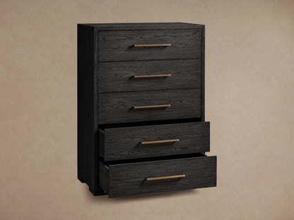 Darwyn Five-Drawer Dresser in dark oak with brass pulls. Features two open drawers with soft-close mechanism.