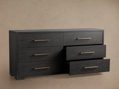 Darwyn Six-Drawer Dresser in dark oak finish, featuring six brass drawer pulls. Three drawers are open, showing smooth glides.