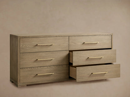 Darwyn Six-Drawer Dresser in oak wood with six brass-handled drawers, three partially open, on a neutral background.
