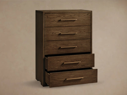 Close-up of the dark brown Darien Five-Drawer Dresser, top drawer closed, second drawer slightly open, with a brass pull.