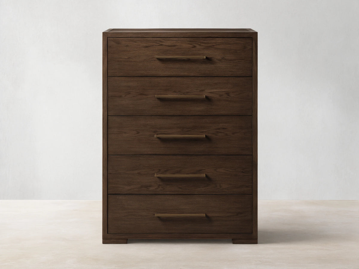 Front view of the dark brown Darien Five-Drawer Dresser, featuring five drawers with natural oak wood grain and brass pull handles.