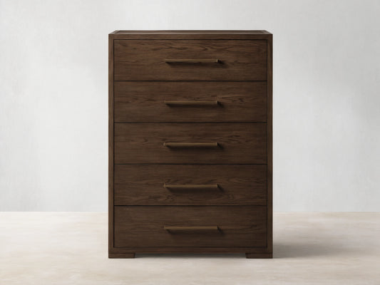 Front view of the dark brown Darien Five-Drawer Dresser, featuring five drawers with natural oak wood grain and brass pull handles.