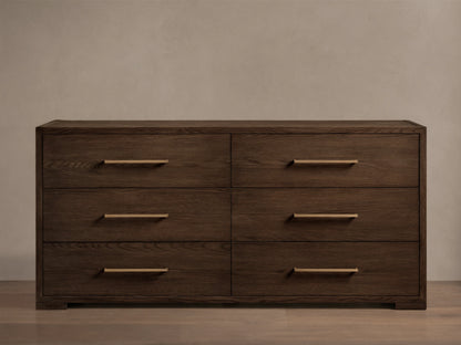 Front view of the dark brown Darien Six-Drawer Dresser with visible wood grain and six drawers featuring rectangular brass pulls.
