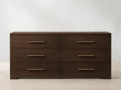 Front view of the dark brown Darien Six-Drawer Dresser with visible wood grain and six drawers featuring rectangular brass pulls.
