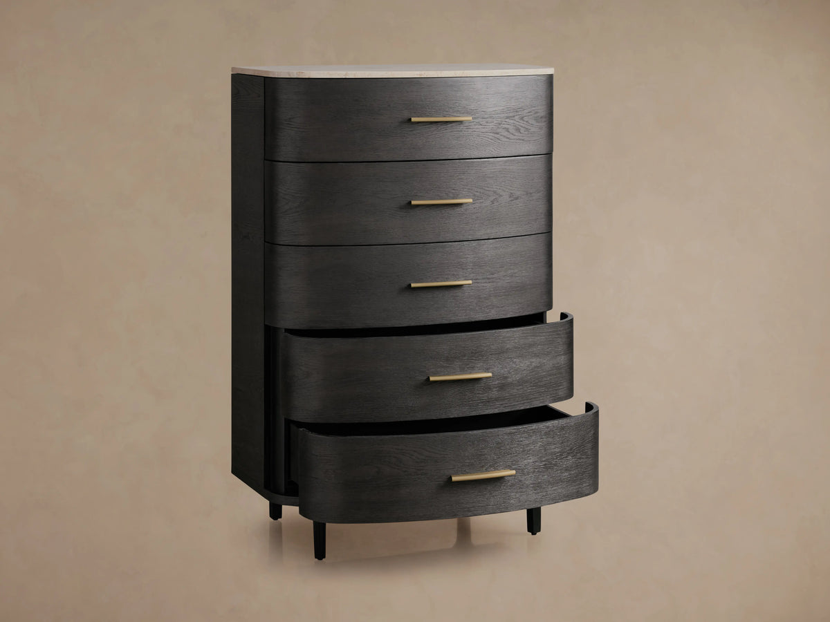 Danny Five-Drawer Dresser with ebony finish, brass drawer pulls, white marble top; open lower drawers, against a neutral background.