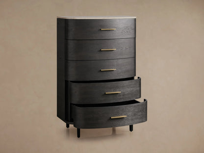 Danny Five-Drawer Dresser with ebony finish, brass drawer pulls, white marble top; open lower drawers, against a neutral background.