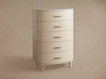 Danny Five-Drawer Dresser in Fumo: light cream finish, five drawers with horizontal brass pulls, rounded edges, on wood.