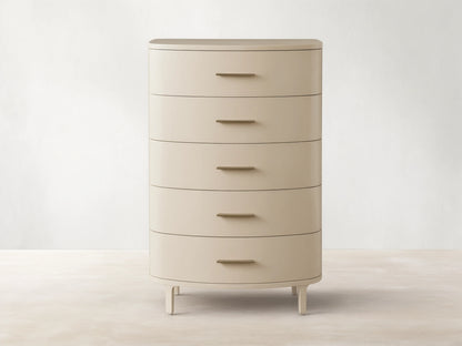 Danny Five-Drawer Dresser in Fumo: light cream finish, five drawers with horizontal brass pulls, rounded edges, on wood.