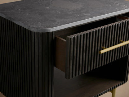 Finnley Open Nightstand in ebony finish with ribbed texture, featuring a large open shelf, spacious drawer with brass handle, and brass legs.