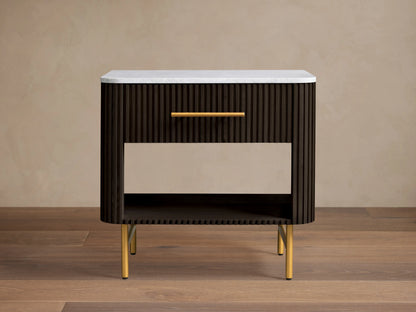 Finnley Open Nightstand with a ribbed dark wood finish, open drawer with brass handle, and a white marble top.