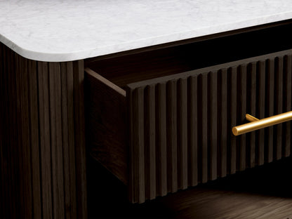 Finnley Open Nightstand with dark wood finish, white marble top, open shelf, and brass handle drawer slightly open; set on brass legs.
