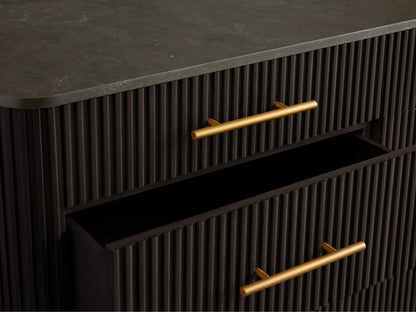 Finnley Nine-Drawer Dresser in dark finish with brass-finished handles. Three drawers are partially open, showing sleek design.