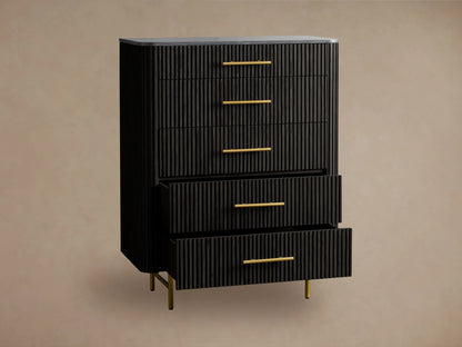 Finnley Five-Drawer Dresser with dark wood finish, vertical grooves, five brass-finished handles, bluestone top, and angled brass legs.