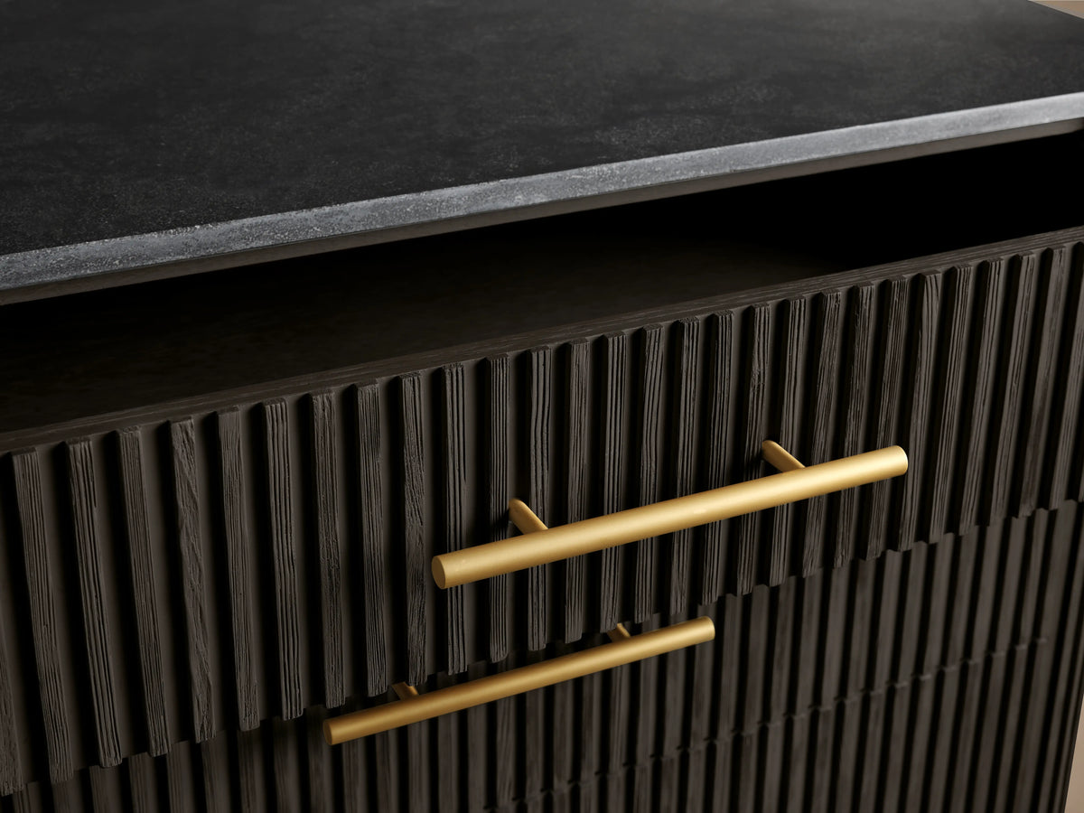 Finnley Five-Drawer Dresser in dark finish; vertical grooves, brass handles, two drawers open, marble top, set on brass legs.