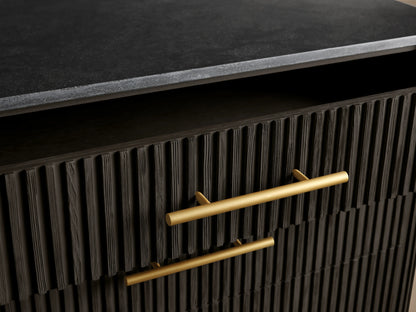 Finnley Five-Drawer Dresser in dark finish; vertical grooves, brass handles, two drawers open, marble top, set on brass legs.