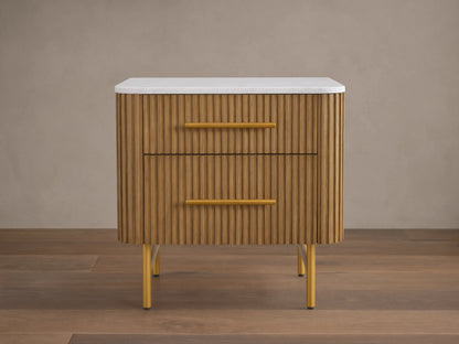 Mid-century style wooden nightstand with a white top, ribbed front, and yellow handles. It features two drawers and stands on yellow legs.