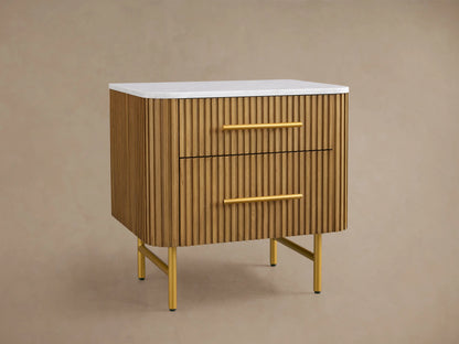 Mid-century style wooden nightstand with a white top, ribbed front, and yellow handles. It features two drawers and stands on yellow legs.