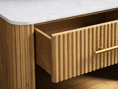 Finnley Open Nightstand with a honey finish, features oak wood grain, marble top, open shelf, and a brass-handled, open drawer.