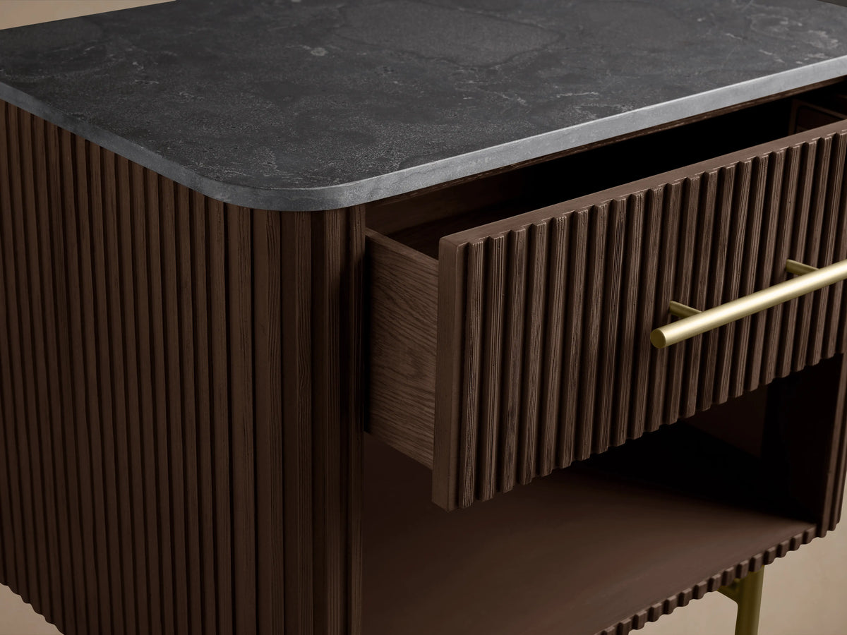 Finnley Open Nightstand with dark wood finish, ribbed texture, metal legs, and open drawer. Features blue top and brass handle.