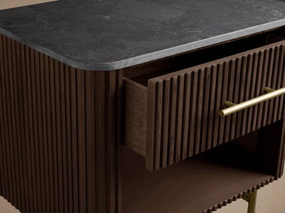 Finnley Open Nightstand with dark wood finish, ribbed texture, metal legs, and open drawer. Features blue top and brass handle.