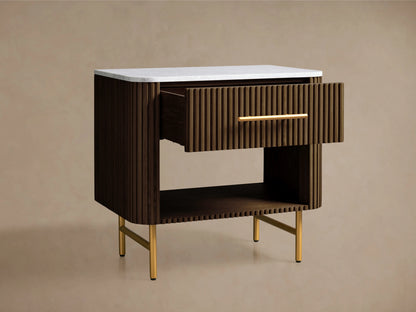 Finnley Open Nightstand with ribbed brown wood, white marble top, brass handle, open shelf, and brass legs on wood floor.
