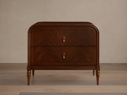 Frances Nightstand, dark brown figured mahogany wood with rounded corners, two drawers, and vintage brass hardware.
