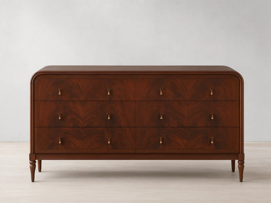 Frances Six-Drawer Dresser: Dark mahogany wood with flame-like grain, 6 drawers, brass knobs, rounded top, tapered legs.