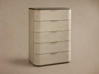 Harrow Five-Drawer Dresser with rounded, light beige faux shagreen drawers, dark wood top, and brass hardware.