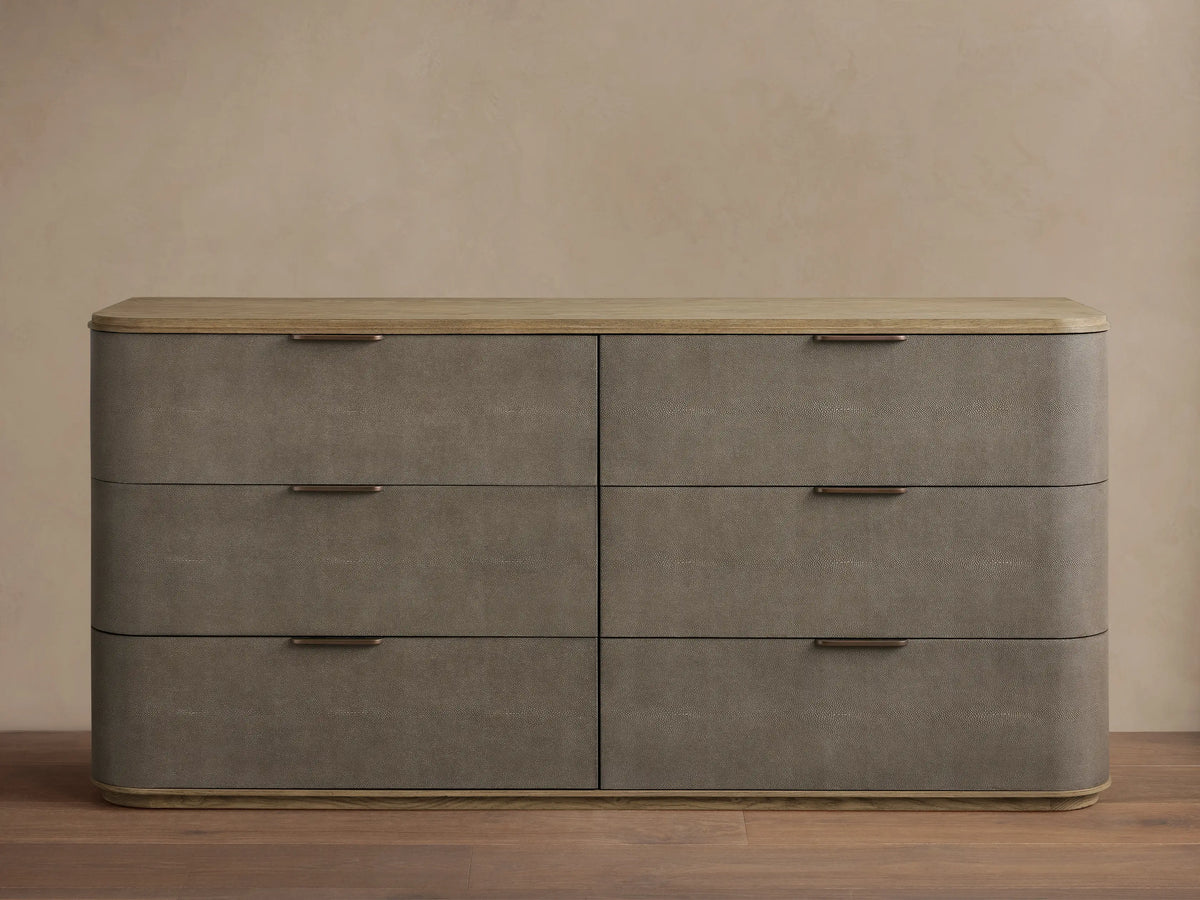 Harrow dresser: gray faux shagreen with rounded corners, light oak top/base, three rows of two drawers, bronze bar handles.