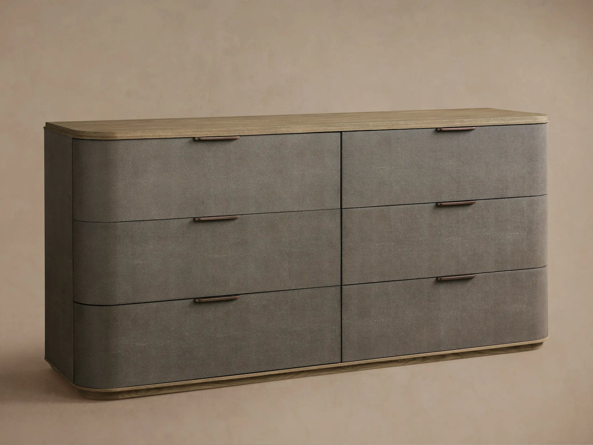 Harrow dresser: gray faux shagreen with rounded corners, light oak top/base, three rows of two drawers, bronze bar handles.