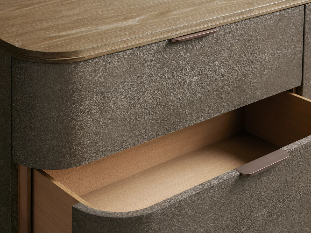 Harrow Six-Drawer Dresser: gray faux shagreen with oak veneer top & base, rounded corners, and bronze handles.