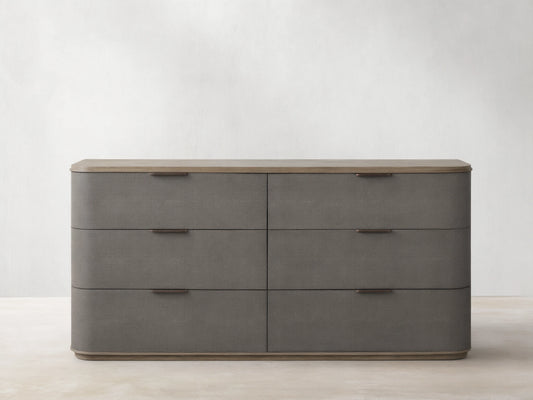 Harrow dresser: gray faux shagreen with rounded corners, light oak top/base, three rows of two drawers, bronze bar handles.