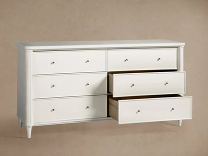 Open drawer of the Henley Wide Six-Drawer Dresser showing solid beech wood, dovetail joinery, and brass pull handle.