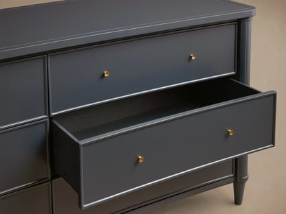 Front view of the dark gray Henley Wide Six-Drawer Dresser, featuring six drawers with petite brass pulls.