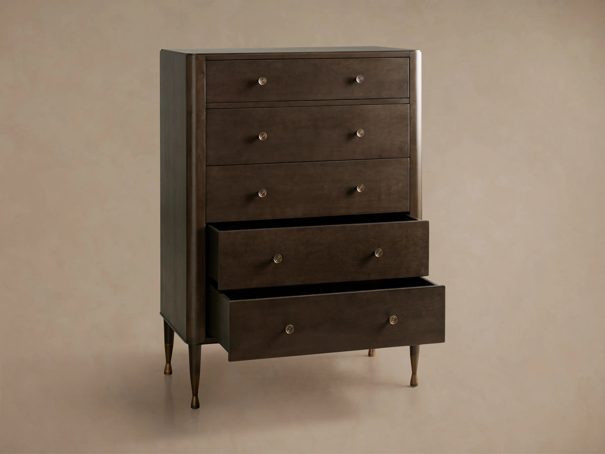 Laurent Five-Drawer Dresser in dark wood finish with brass feet. Two lower drawers are slightly open, showing internal space.