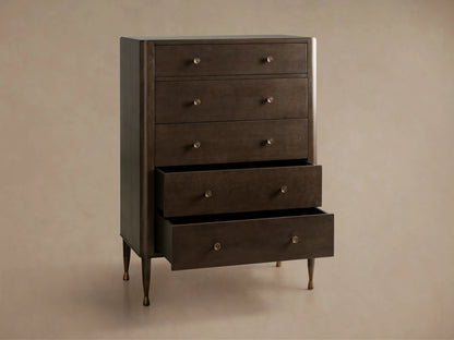 Laurent Five-Drawer Dresser in dark wood finish with brass feet. Two lower drawers are slightly open, showing internal space.